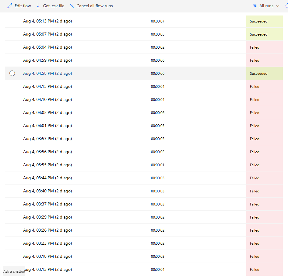 Testing different settings in PowerAutomate, Flow failed