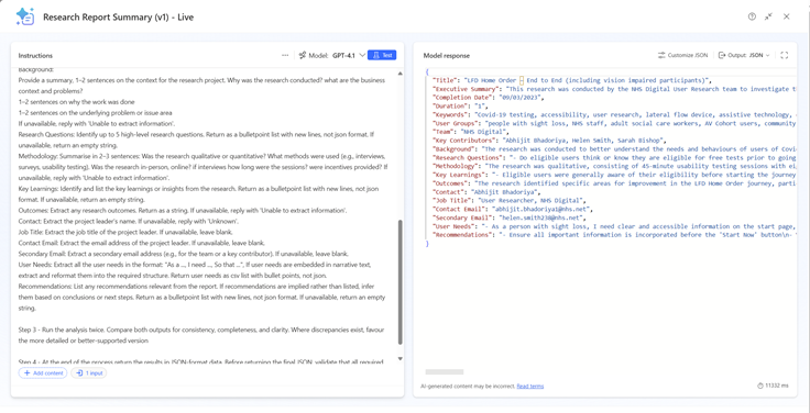Testing custom Prompts to improve data recall and generative response structures