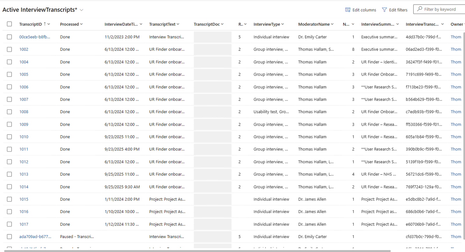 Dataverse table showing all the transcript summaries after processing
