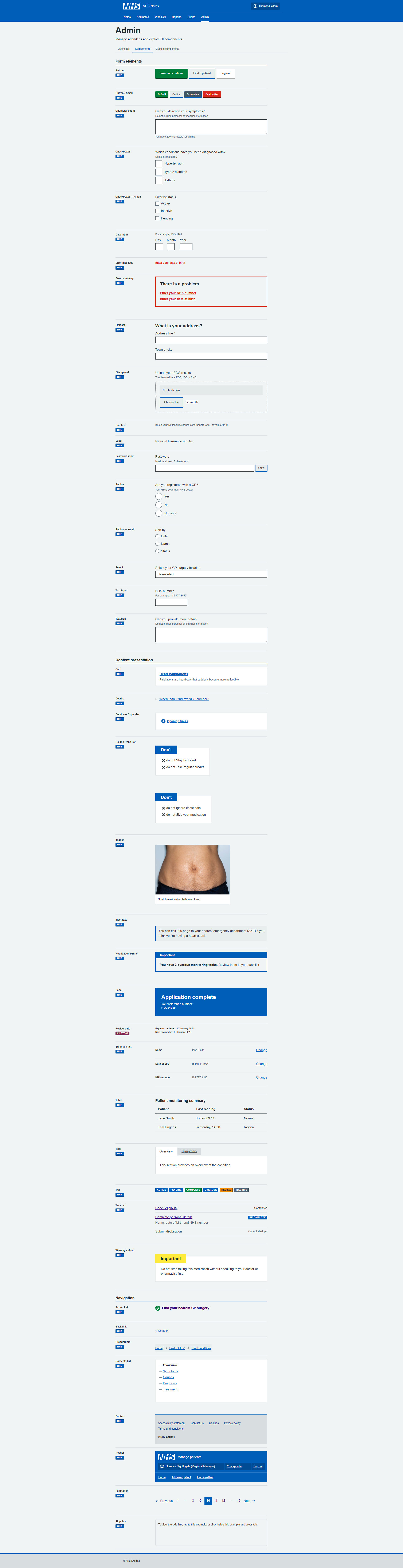 Admin page showing list of all the NHS Components working