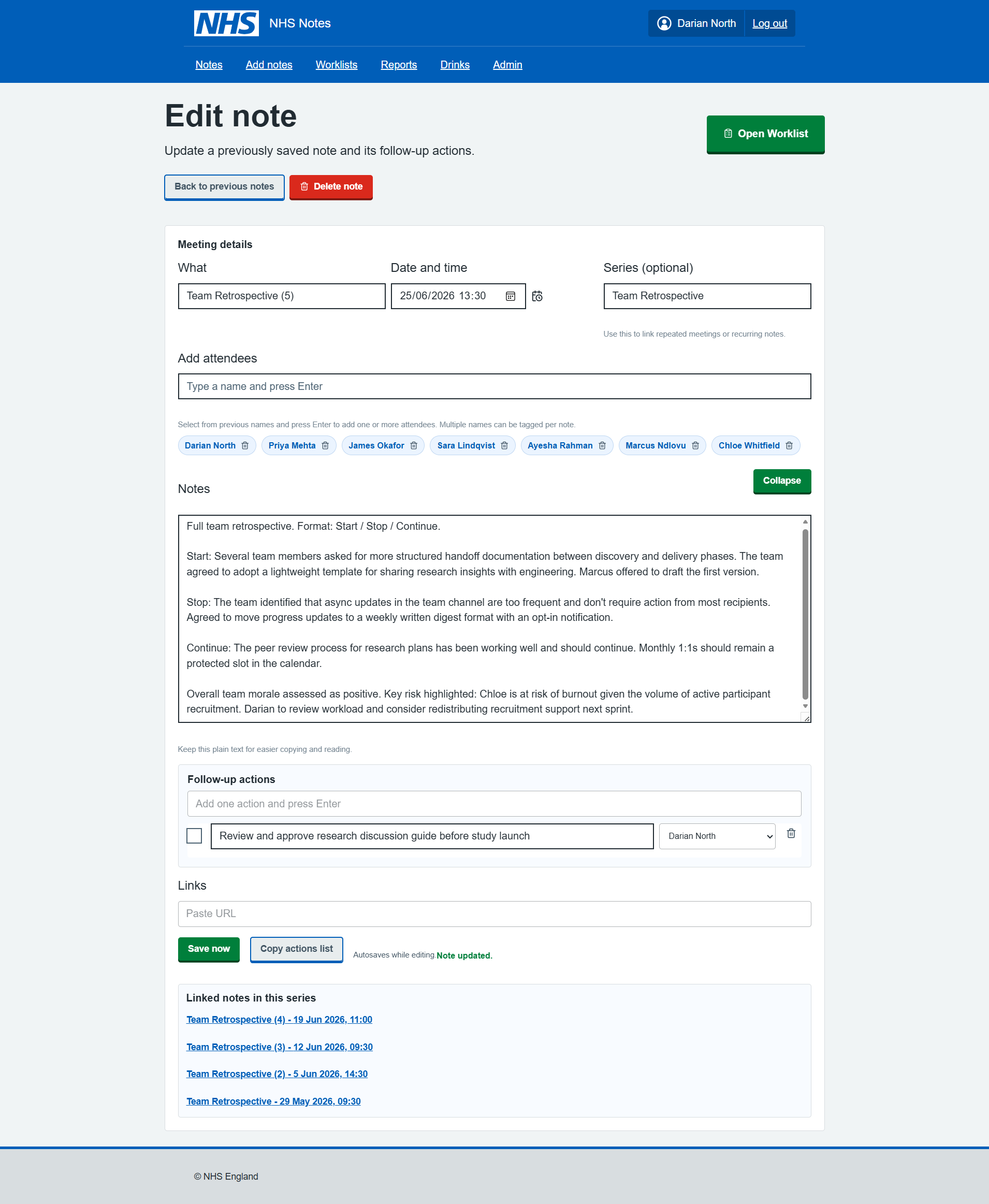 Edit note page with example data